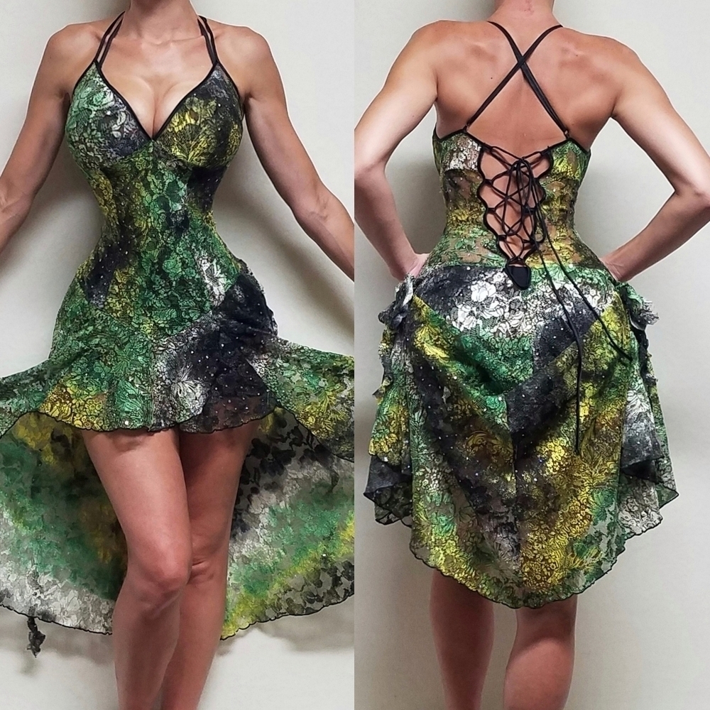 80s Rare Vintage Surprise Parties Green Tie-Dye Sheer Lace Lace-up Bustle Dress - Picture 1 of 16